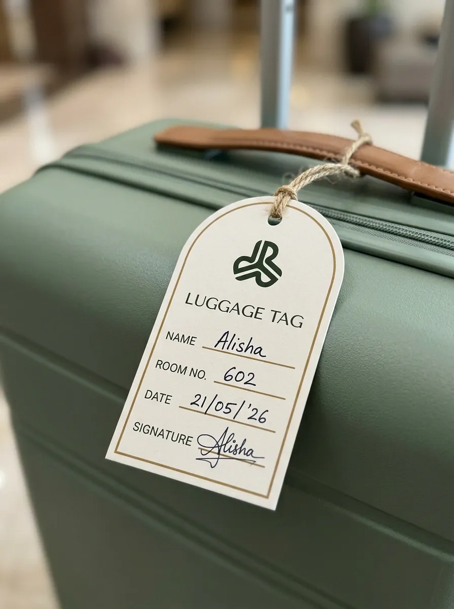 Guest luggage tag with room number and signature line